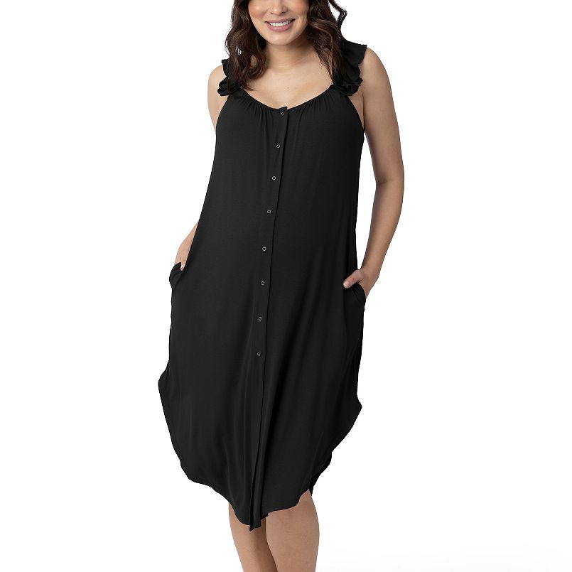 A woman wearing a black labor and delivery gown