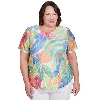 Plus Size Alfred Dunner Textured Tropical Beaded Neck Top