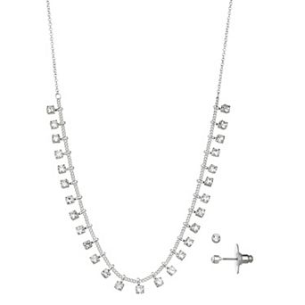 You're Invited Silver Tone Simulated Crystal Collar Necklace & Stud Earrings Set