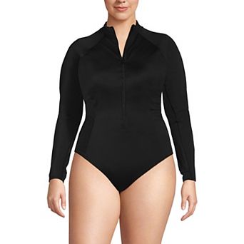 Plus Size Lands' End Tugless Long Sleeve Rashguard One-Piece Swimsuit