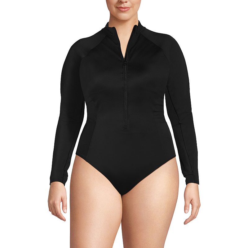 Plus Size Lands' End Tugless Long Sleeve Rashguard One-Piece Swimsuit, Women's, Size: 20 W, Black