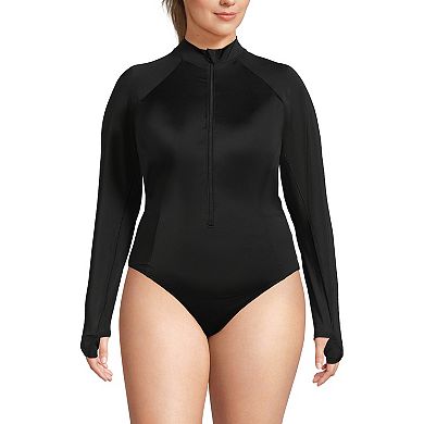 Plus Size Lands' End Tugless Long Sleeve Rashguard One-Piece Swimsuit