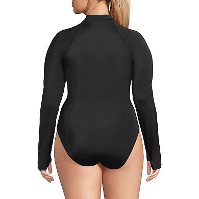 Plus Size Lands' End Tugless Long Sleeve Rashguard One-Piece Swimsuit