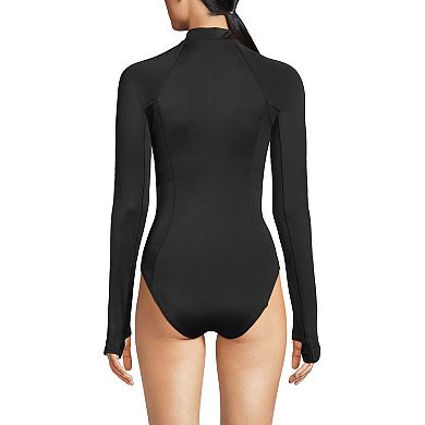 Women's Lands' End Mastectomy Tugless Long Sleeve Rashguard One-Piece Swimsuit