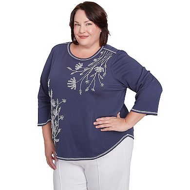 Alfred Dunner Women's Asymmetric Floral Pullover - Embroidered Crewneck Top, Cozy Casual Sweater