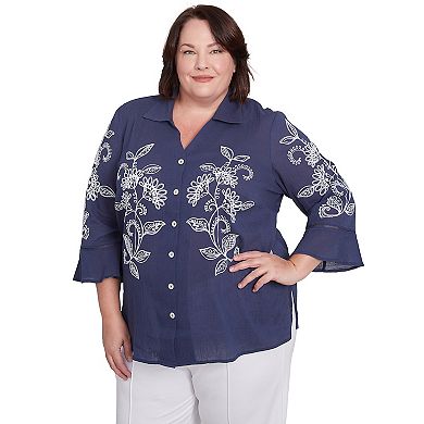 Plus Size Alfred Dunner Embroidered Marine Button Front Top