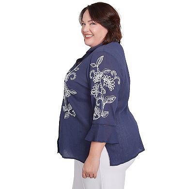 Plus Size Alfred Dunner Embroidered Marine Button Front Top