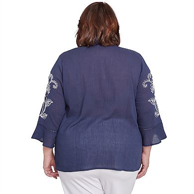 Plus Size Alfred Dunner Embroidered Marine Button Front Top