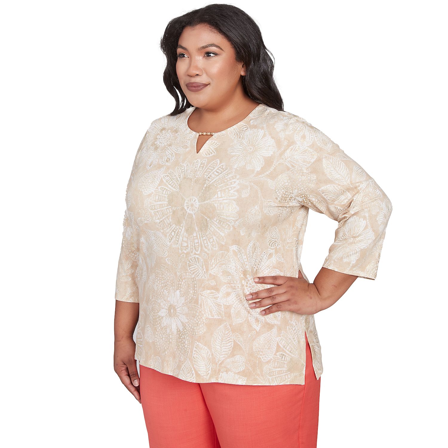 Haut Femme Alfred Dunner Taille L, Blanc Cassé, Imprimé Floral, Col Rond, Ornements Cloutés - Lavable