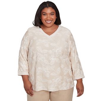 Plus Size Alfred Dunner Tossed Floral Embroidery V-Neck Top