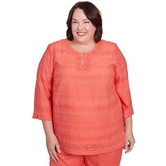Plus Size Alfred Dunner Solid Textured Lace Trim Shirt