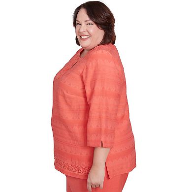 Plus Size Alfred Dunner Solid Textured Lace Trim Shirt