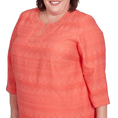 Plus Size Alfred Dunner Solid Textured Lace Trim Shirt