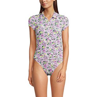 Women's Lands' End Short Sleeve Pique Johnny Collar UPF 50 Rashguard