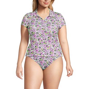 Plus Size Lands' End Short Sleeve Pique Johnny Collar Swim Top