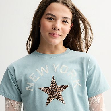 Girls 6-20 SO® Lace Sleeve Graphic Skater Tee in Regular & Plus Size