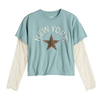 Girls 6-20 SO® Lace Sleeve Graphic Skater Tee in Regular & Plus Size