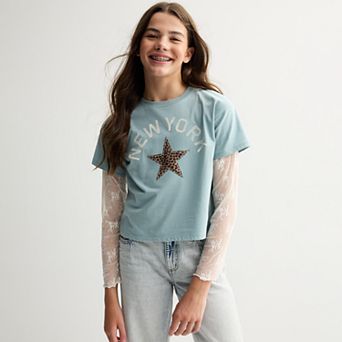 Girls 6-20 SO® Lace Sleeve Graphic Skater Tee in Regular & Plus Size
