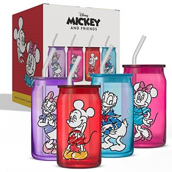JoyJolt Disney's Mickey Mouse & Friends 4 pc Color Sketch Tumbler Glasses with Lids