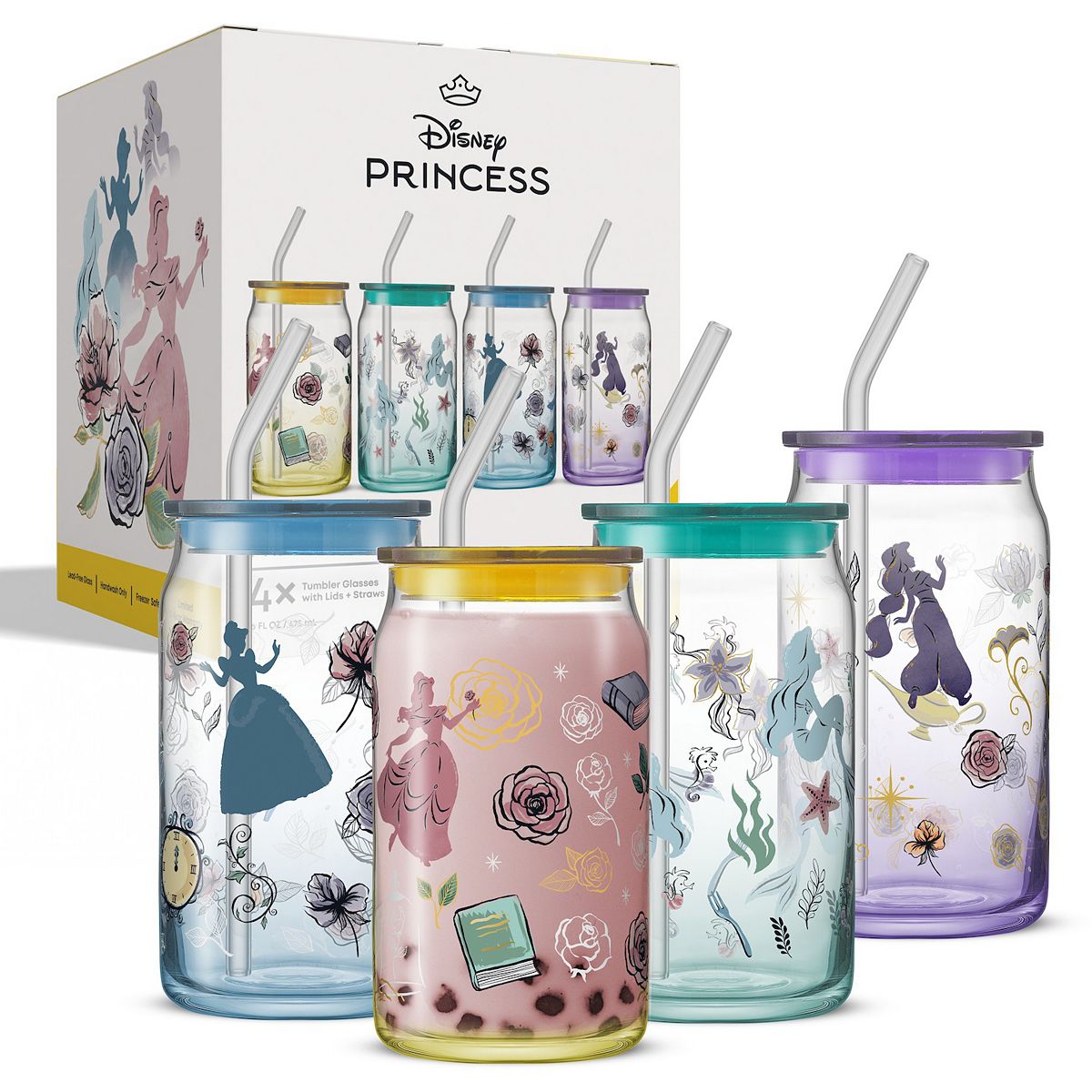 JoyJolt Disney Princess 4-Piece Icon Tumbler Glasses with Lids