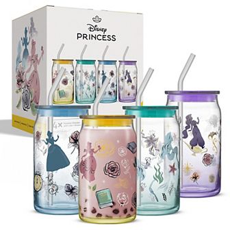 JoyJolt Disney Princess 4 pc Icon Tumbler Glasses with Lids