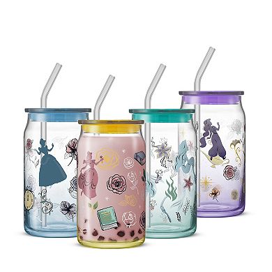 JoyJolt Disney Princess 4-Piece Icon Tumbler Glasses with Lids