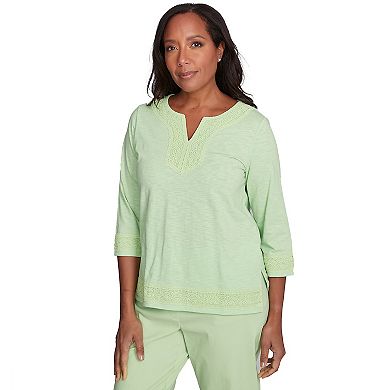 Women's Alfred Dunner Solid Split Neck Lace Trim Top