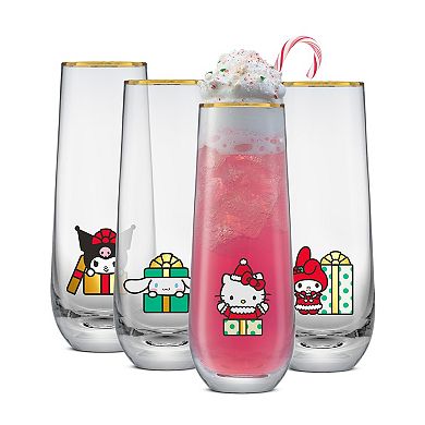 JoyJolt Hello Kitty and Friends 4-Pack Holiday Stemless Flute Set