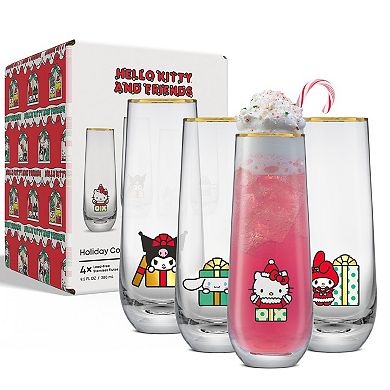 JoyJolt Hello Kitty and Friends 4-Pack Holiday Stemless Flute Set