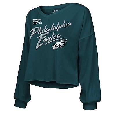 Women's Majestic Threads Saquon Barkley Midnight Green Philadelphia Eagles Super Bowl LIX Name & Number Off-Shoulder Script Long Sleeve V-Neck T-Shirt