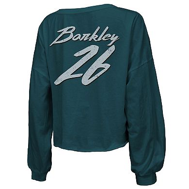 Women's Majestic Threads Saquon Barkley Midnight Green Philadelphia Eagles Super Bowl LIX Name & Number Off-Shoulder Script Long Sleeve V-Neck T-Shirt