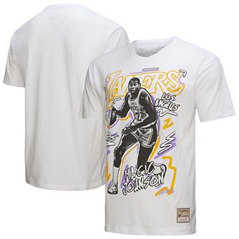 Men's Mitchell & Ness Magic Johnson White Los Angeles Lakers Hardwood Classics Chalked Up T-Shirt
