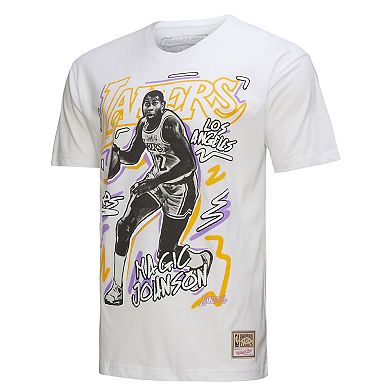 Men's Mitchell & Ness Magic Johnson White Los Angeles Lakers Hardwood Classics Chalked Up T-Shirt