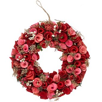 Wooden Roses Artificial Valentine's Day Wreath - 12.25" - Pink and Red