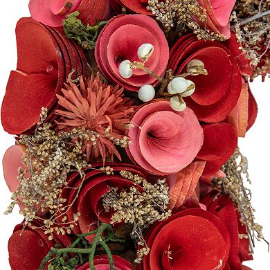Wooden Roses Artificial Valentine's Day Wreath - 12.25" - Pink and Red
