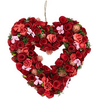 Artificial Floral Valentine's Day Wooden Heart Wreath - 13.5"