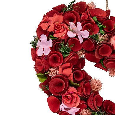Artificial Floral Valentine's Day Wooden Heart Wreath - 13.5"