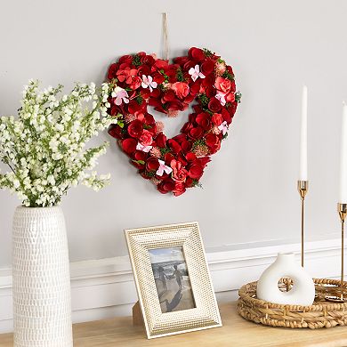 Artificial Floral Valentine's Day Wooden Heart Wreath - 13.5"