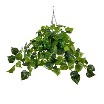 nearly natural 24 in UV Resistant 50-Light Artificial Philodendron Plant Hanging Basket