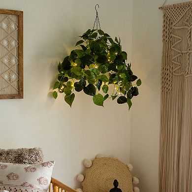 nearly natural 24-in. UV Resistant 50-Light Artificial Philodendron Plant Hanging Basket