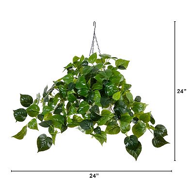 nearly natural 24-in. UV Resistant 50-Light Artificial Philodendron Plant Hanging Basket