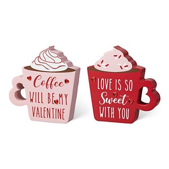 Glitzhome Set of 2 Handcrafted Wooden Valentine's Coffee Cup Table Decor