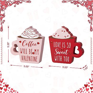 Glitzhome Set of 2 Handcrafted Wooden Valentine's Coffee Cup Table Decor