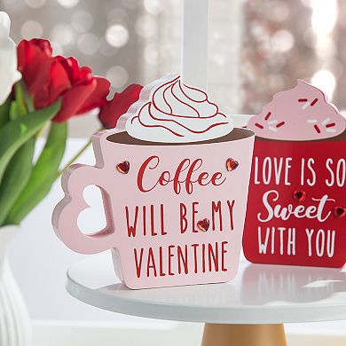 Glitzhome Set of 2 Handcrafted Wooden Valentine's Coffee Cup Table Decor