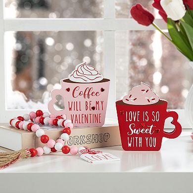 Glitzhome Set of 2 Handcrafted Wooden Valentine's Coffee Cup Table Decor