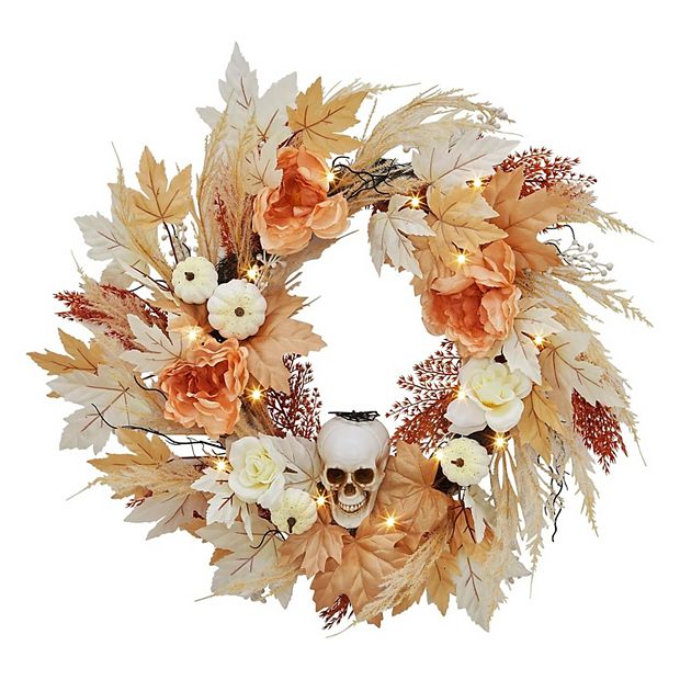 22Inch Halloween Wreath with White Pumpkins Rose Maple Leaves