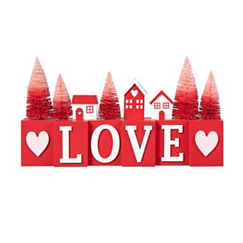 Glitzhome 14"L Valentine's Wooden House/Brush Trees LOVE Table Decor