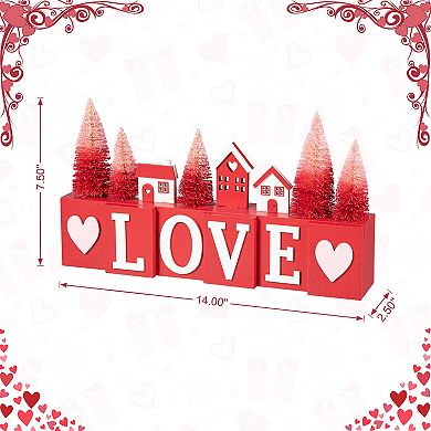 Glitzhome 14"L Valentine's Wooden House/Brush Trees LOVE Table Decor