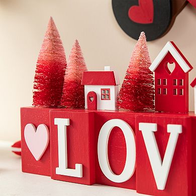 Glitzhome 14"L Valentine's Wooden House/Brush Trees LOVE Table Decor