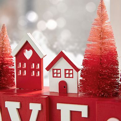 Glitzhome 14"L Valentine's Wooden House/Brush Trees LOVE Table Decor